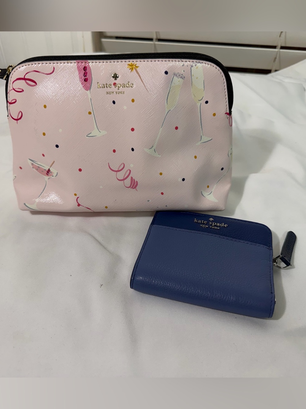 kate spade Pink Champagne Print Cosmetic Pouch with Blue Card Wallet